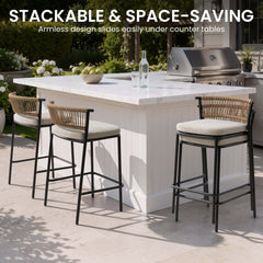 Outdoor Patio Bar Stool Set of 2 with Cushion and Rattan Back