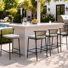 Outdoor Patio Bar Stool Set of 2 with Cushion and Rattan Back
