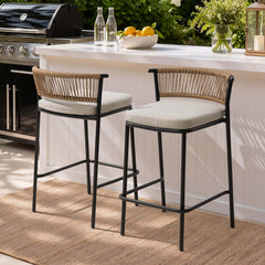 Outdoor Patio Bar Stool Set of 2 with Cushion and Rattan Back