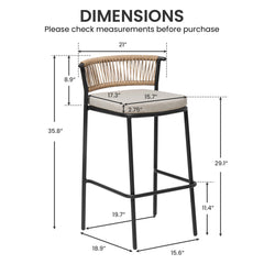 Outdoor Patio Bar Stool Set of 2 with Cushion and Rattan Back