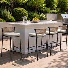 Outdoor Patio Bar Stool Set of 2 with Cushion and Rattan Back