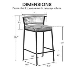 Outdoor Patio Bar Stool Set of 2 with Cushion and Rattan Back