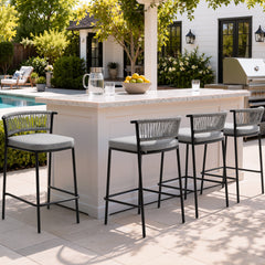 Outdoor Patio Bar Stool Set of 2 with Cushion and Rattan Back