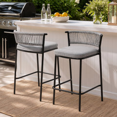 Outdoor Patio Bar Stool Set of 2 with Cushion and Rattan Back