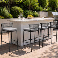 Outdoor Patio Bar Stool Set of 2 with Cushion and Rattan Back