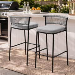 Outdoor Patio Bar Stool Set of 2 with Cushion and Rattan Back