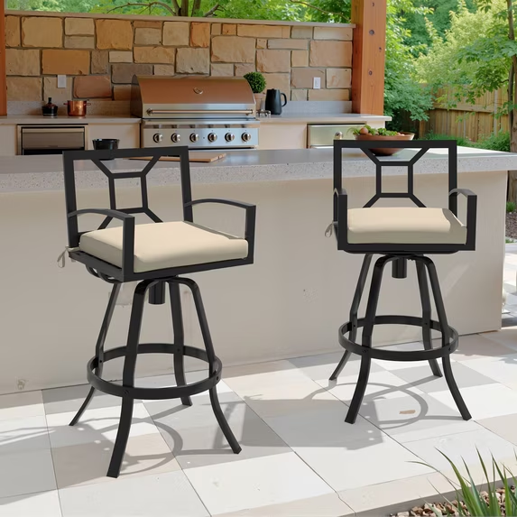 Crestlive Products 30" Outdoor Swivel Aluminum Bar Stools Set of 2, Sunbrella fabric with Back & Footrest, for Deck Lawn Garden, Beige