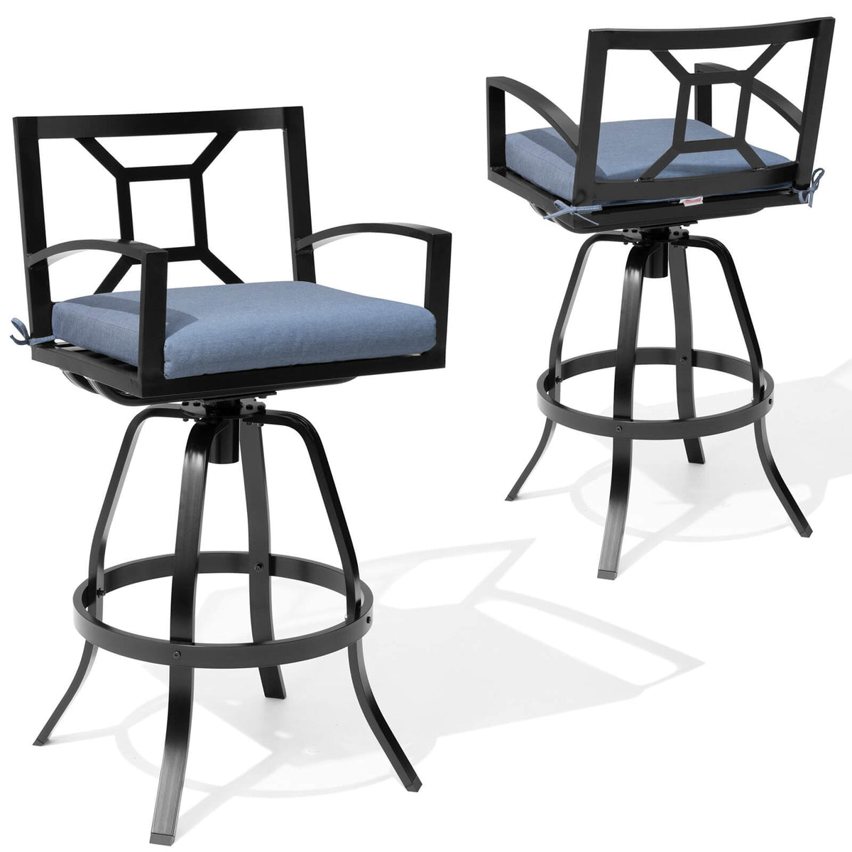 Aluminum swivel outdoor bar stool with blue Sunbrella cushion