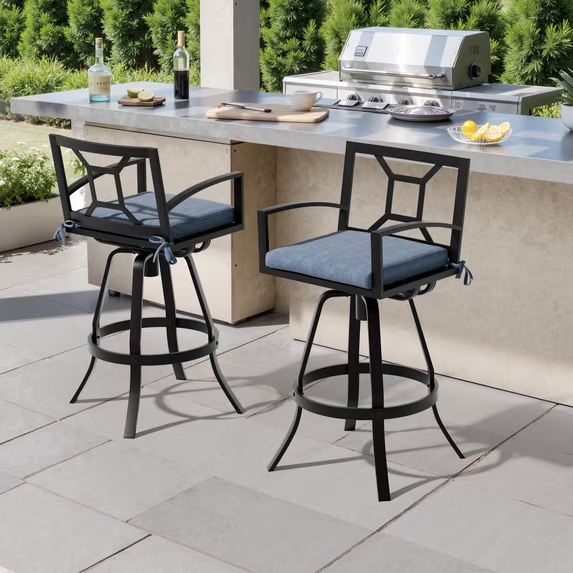 Crestlive Products 30" Outdoor Swivel Aluminum Bar Stools Set of 2, Sunbrella Fabric with Back & Footrest, for Deck Lawn Garden, Blue
