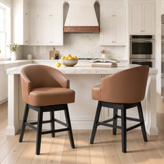 Swivel PU Leather Bar Stools, Set of 2 (Wood Base)