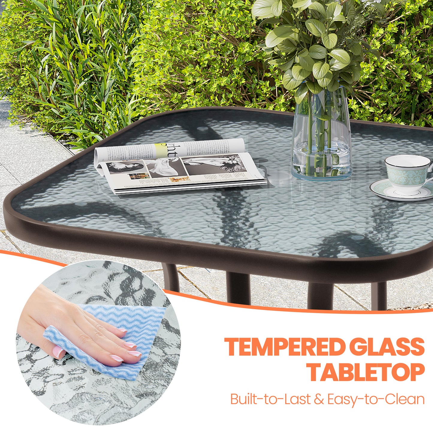 Crestlive Products 27 x 27 in. Metal Frame Square Glass Top Outdoor Side Table with Umbrella Hole