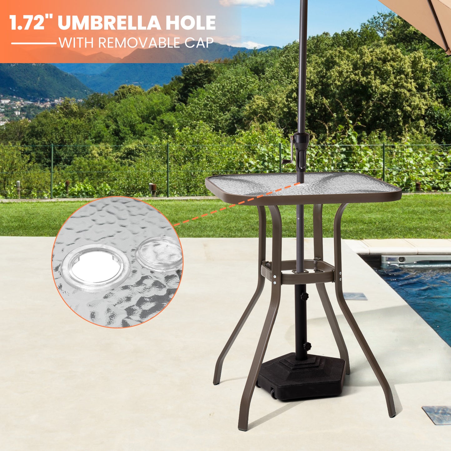 Crestlive Products 27 x 27 in. Metal Frame Square Glass Top Outdoor Side Table with Umbrella Hole