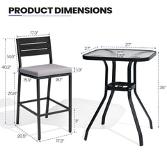 3-Piece Metal Frame Glass Top Outdoor Bar Set with Umbrella Hole