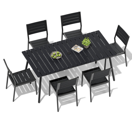 Crestlive Products Aluminum Outdoor Patio Dining Table with Umbrella Hole and Polywood Armless Stools