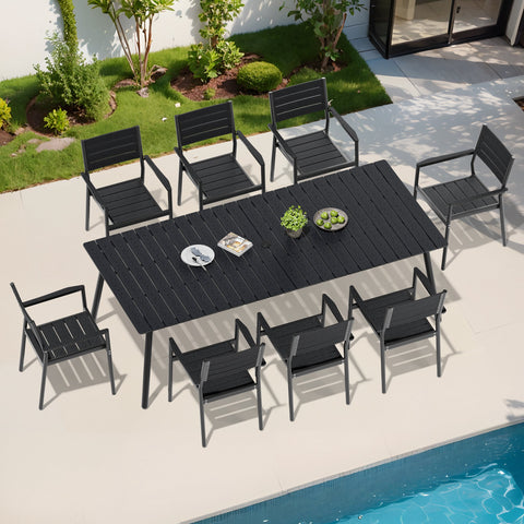 Crestlive Products Aluminum Outdoor Patio Dining Table with Umbrella Hole and Polywood Armchairs
