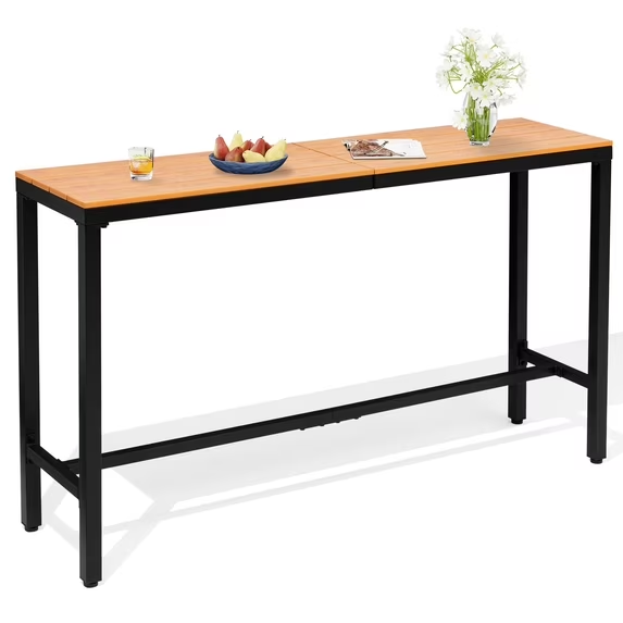 Crestlive Products Outdoor Bar Table, 63" Height Pub Table with Metal Frame & Slatted Tabletop, 165 LBS Capacity, Weather Resistant Patio Bar Height Table for Backyard, Poolside, Balcony (Brown)