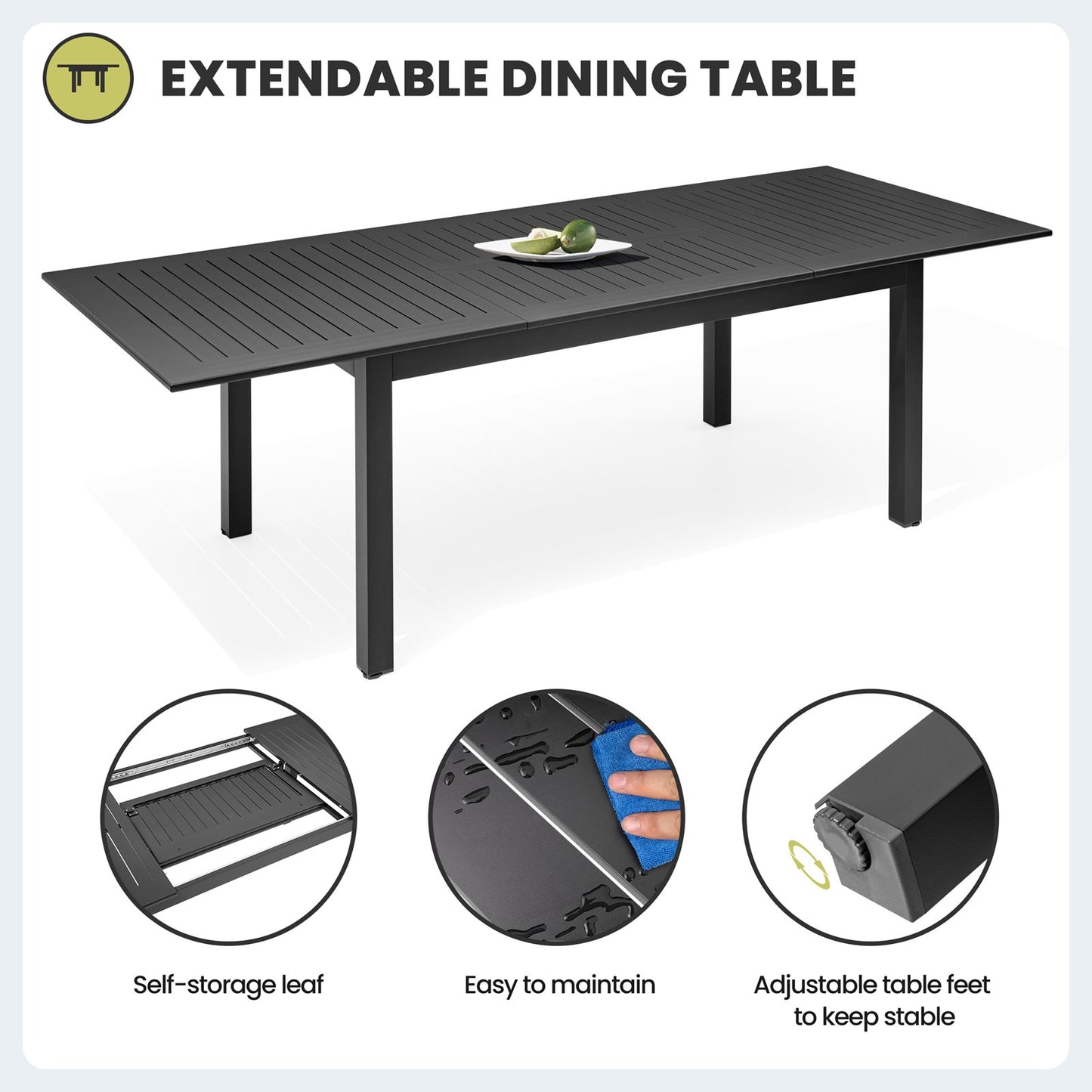 Crestlive Products Expandable Aluminum Patio Dining Table Set with Stackable Chairs
