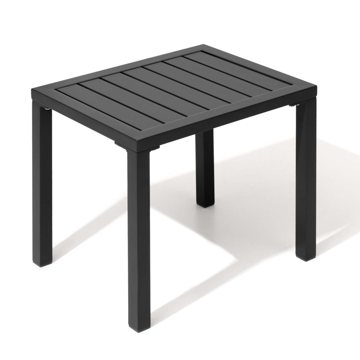Studio shot of 14x18" black aluminum outdoor side table with slatted top on white background.