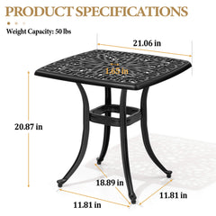 21x21" Square Cast Aluminum Side Table with Umbrella Hole