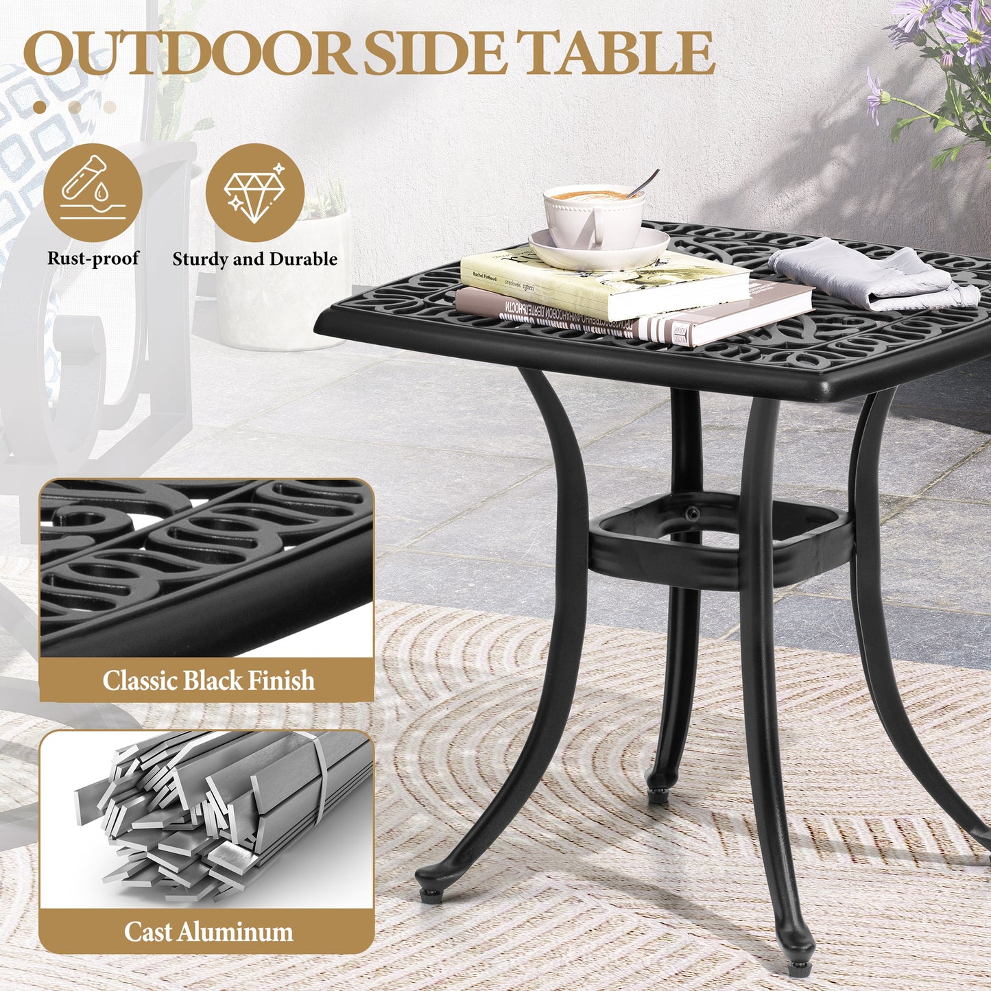 Crestlive Products Square Patio Side Table Cast Aluminum End Table
