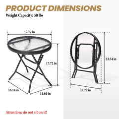 17x17" Foldable Round Glass Top Outdoor Side Table