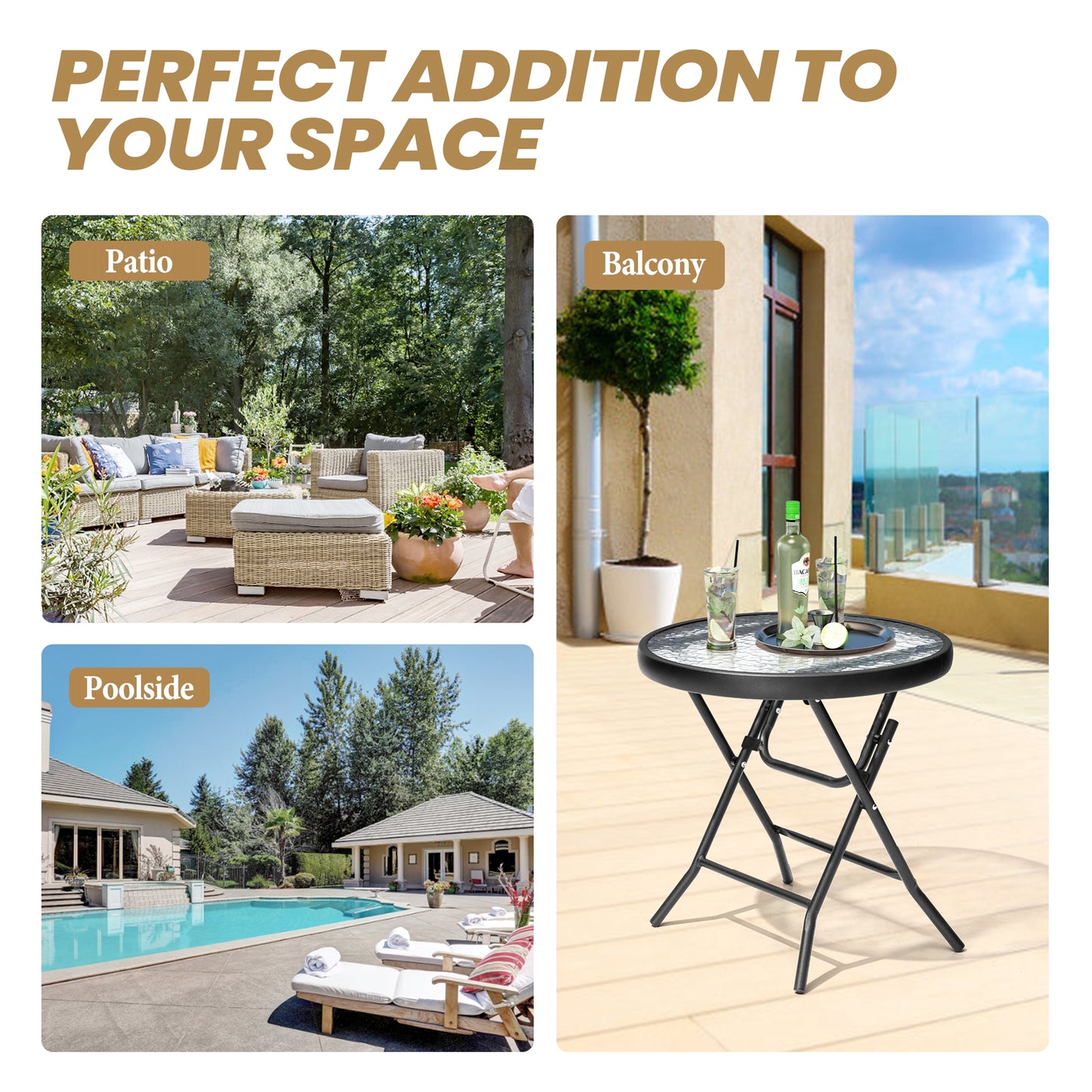 Crestlive Products 17 x 17 in. Foldable Metal Frame Round Glass Top Outdoor Side Table