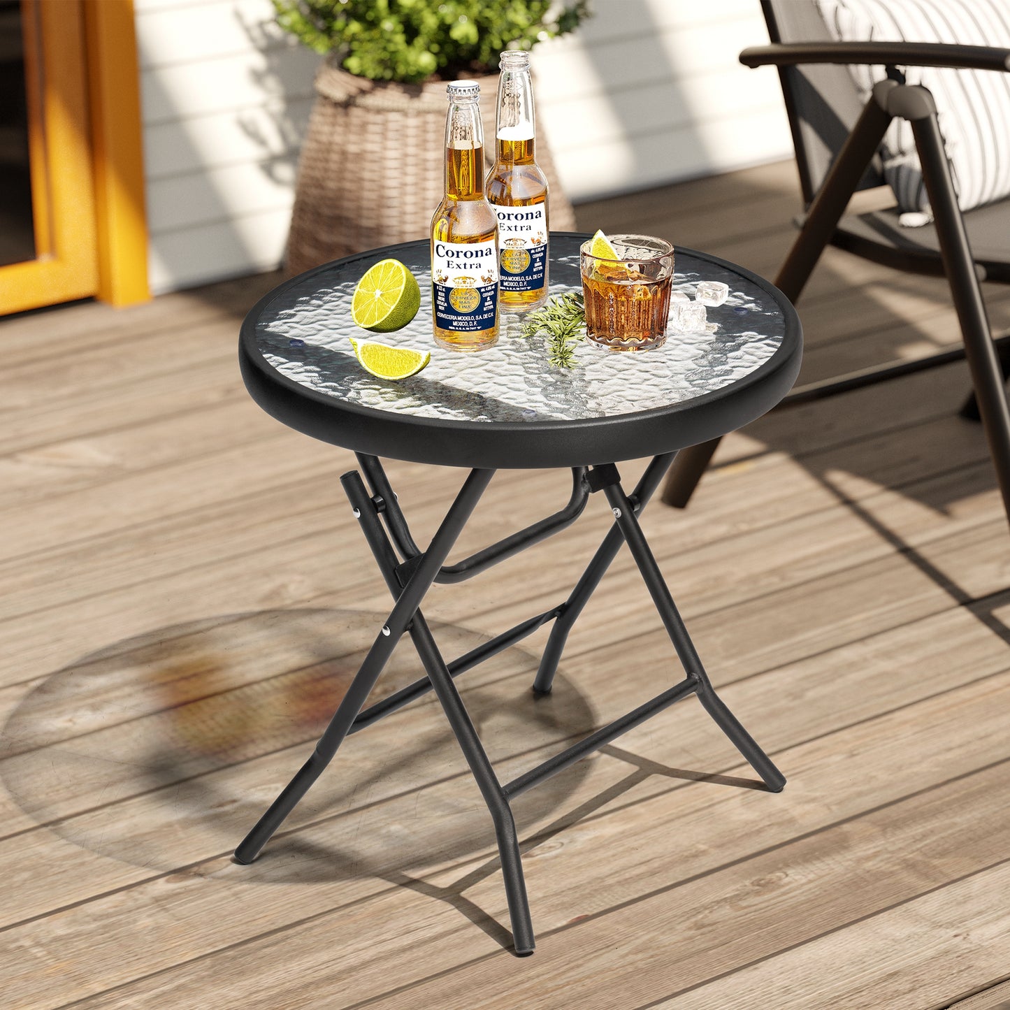 Crestlive Products 17 x 17 in. Foldable Metal Frame Round Glass Top Outdoor Side Table
