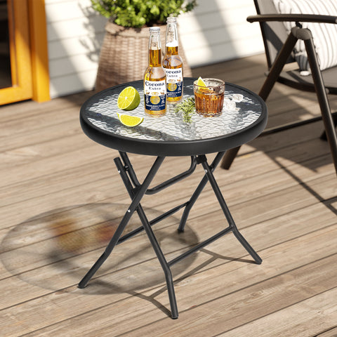 Crestlive Products 17 x 17 in. Foldable Metal Frame Round Glass Top Outdoor Side Table