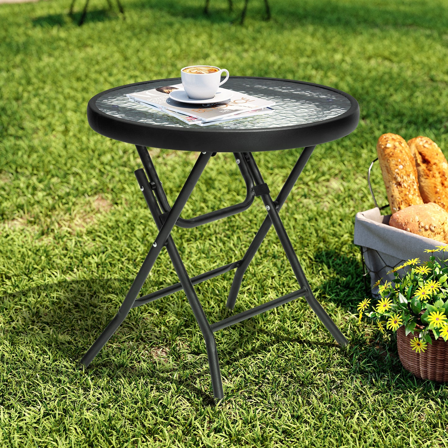 Crestlive Products 17 x 17 in. Foldable Metal Frame Round Glass Top Outdoor Side Table