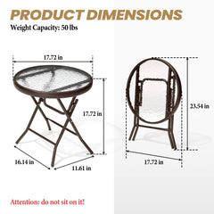 17x17" Foldable Round Glass Top Outdoor Side Table