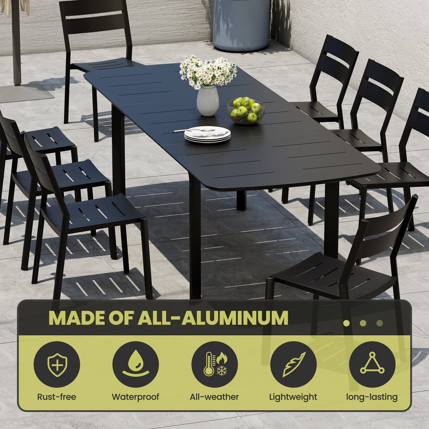 Crestlive Products Aluminum Outdoor Dining Set with 94.5 in. Extension and Stackable Chairs