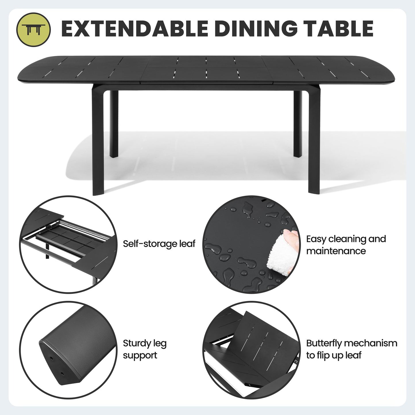 Crestlive Products Aluminum Outdoor Dining Set with 94.5 in. Extension and Stackable Chairs