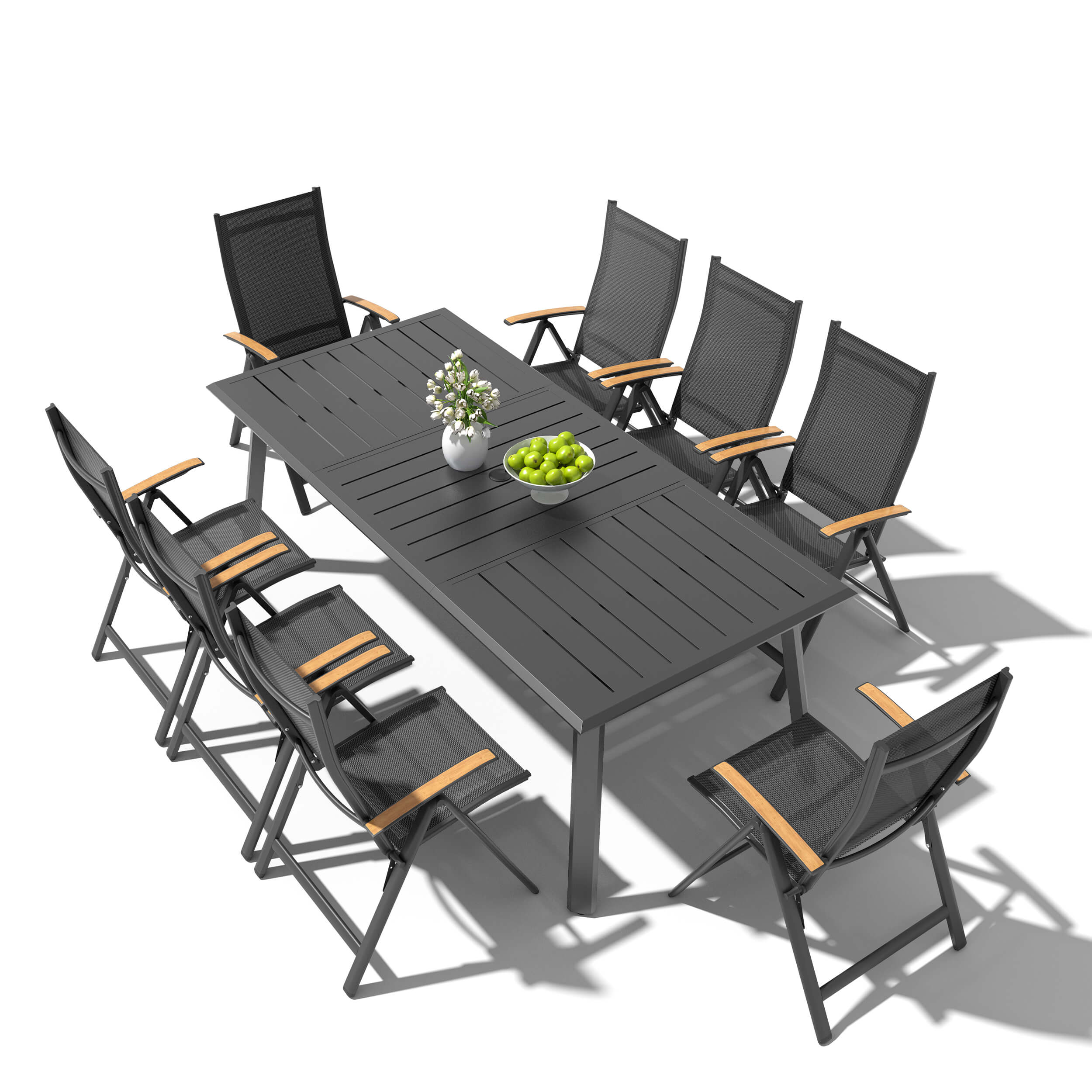 9-piece patio dining set with aluminum expandable table and 8 folding textilene chairs.