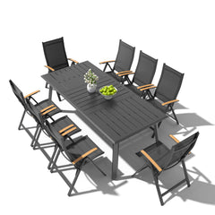 9-piece patio dining set with aluminum expandable table and 8 folding textilene chairs.