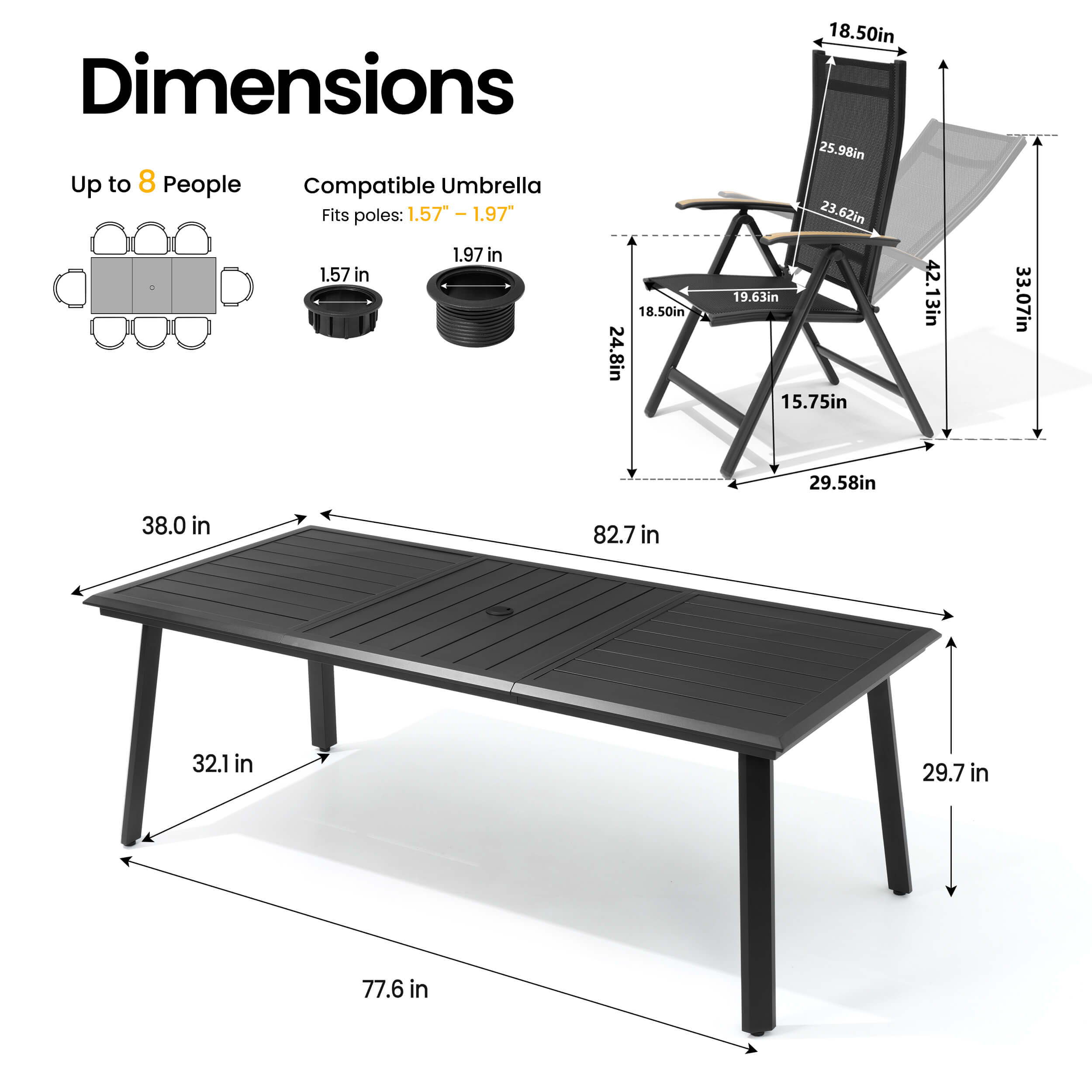 Dimensions of 82.7" patio dining table with umbrella hole and adjustable textilene chair.
