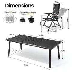 Dimensions of 82.7" patio dining table with umbrella hole and adjustable textilene chair.