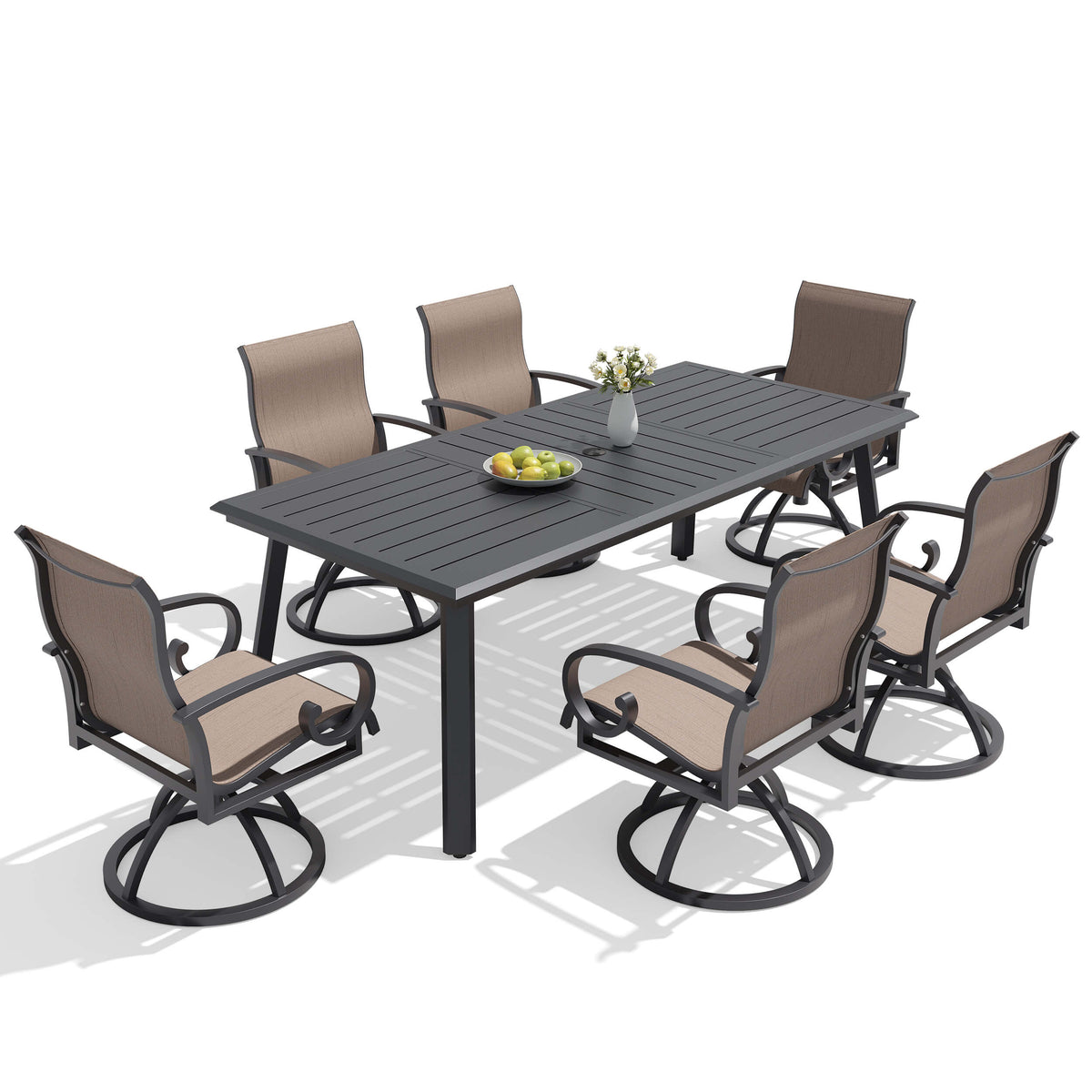 7-piece patio dining set with aluminum expandable table and 6 swivel Sunbrella chairs.