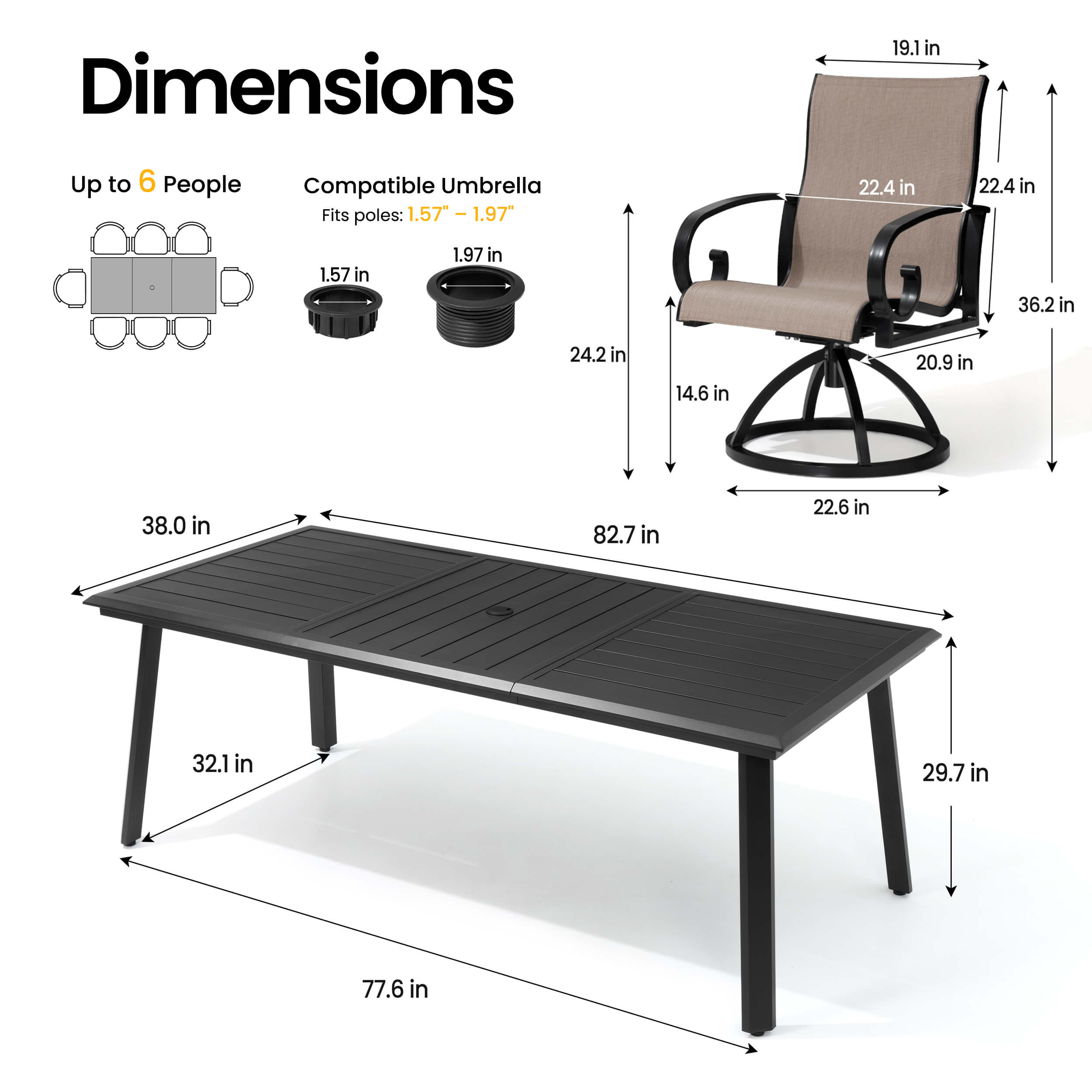 Dimensions of 82.7" patio dining table with umbrella hole and swivel Sunbrella chair.