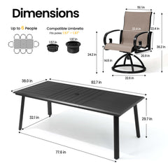 Dimensions of 82.7" patio dining table with umbrella hole and swivel Sunbrella chair.