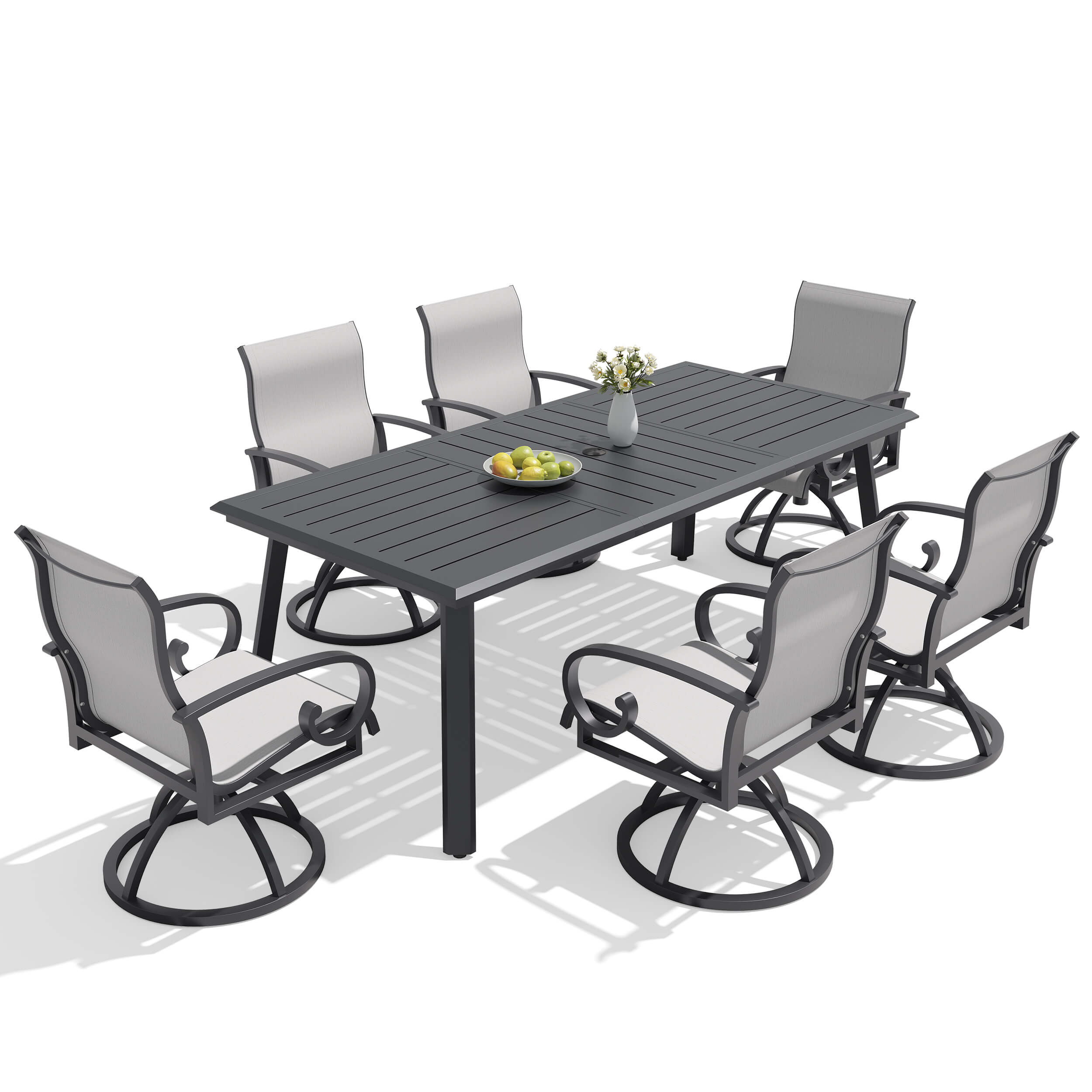 7-piece patio dining set with aluminum expandable table and 6 grey swivel Sunbrella chairs.