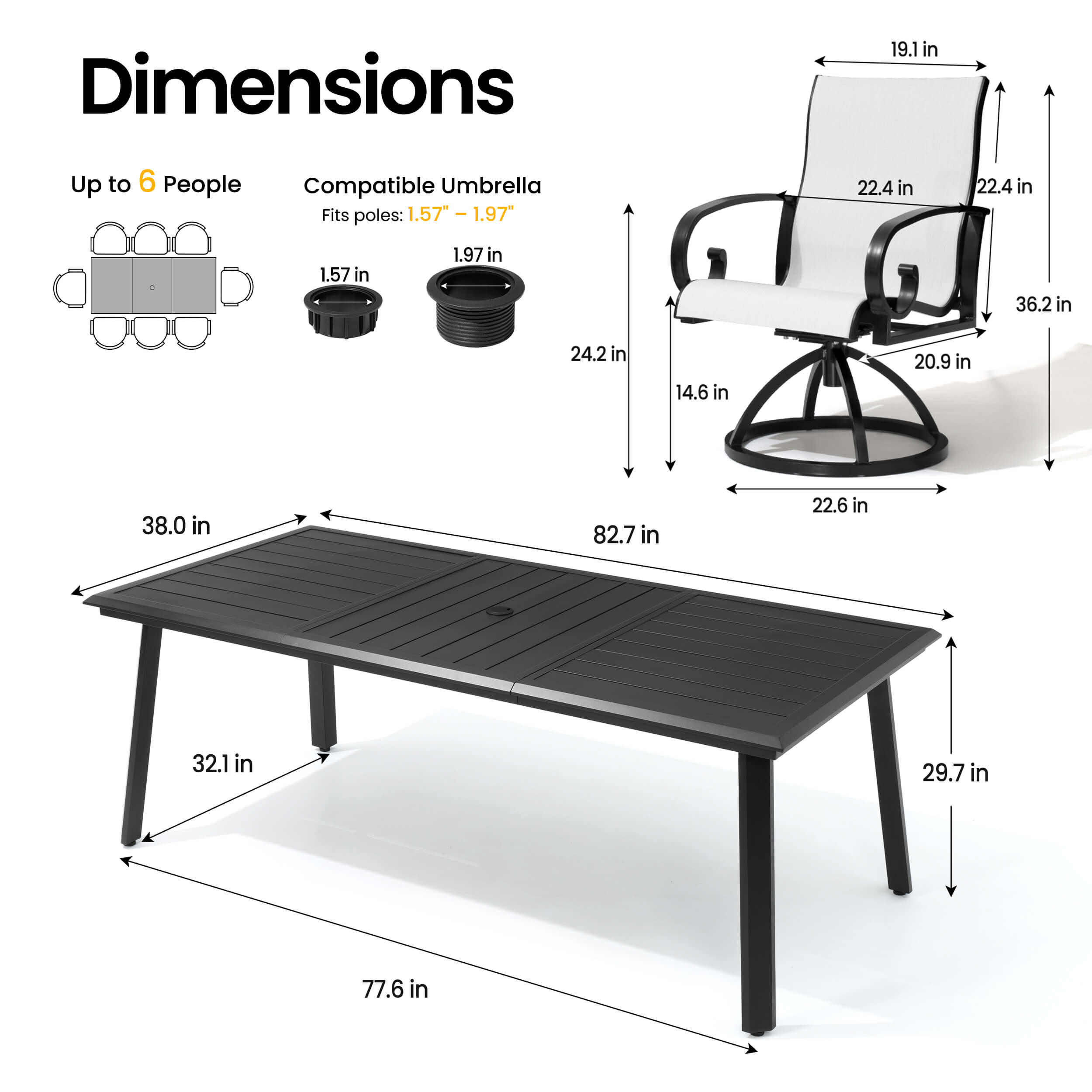 Dimensions of 82.7" patio dining table with umbrella hole and grey swivel Sunbrella chair.