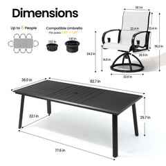 Dimensions of 82.7" patio dining table with umbrella hole and grey swivel Sunbrella chair.