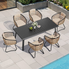 Aluminum Dining Set with Umbrella Hole, Wicker Chairs & Cushions