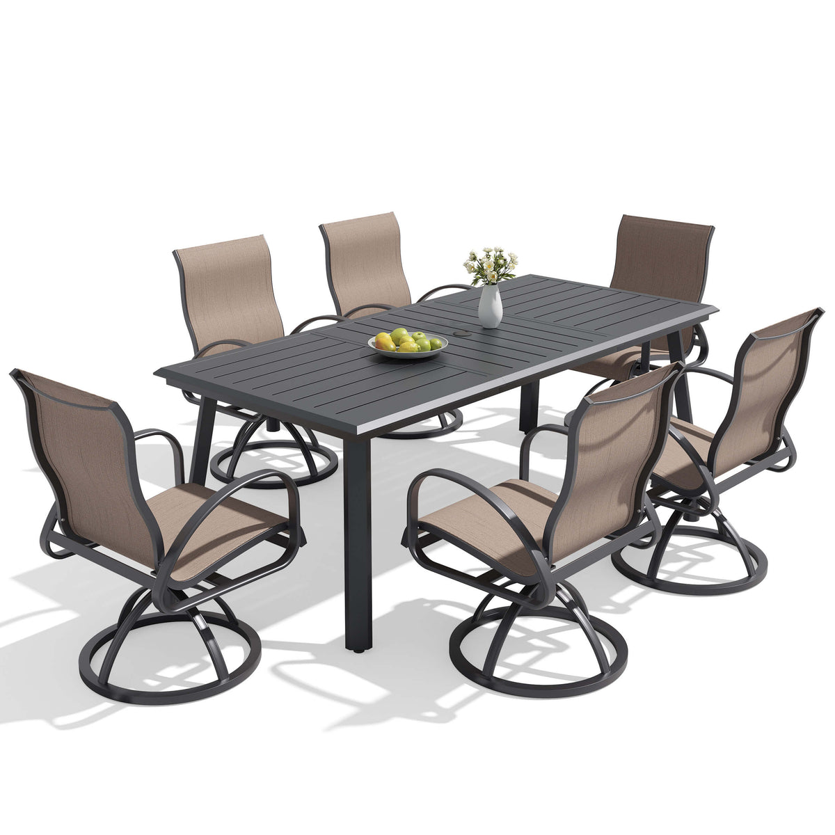 7-piece patio dining set with aluminum expandable table and 6 Sunbrella swivel rockers.