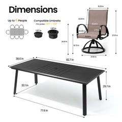 Dimensions of 82.7" patio dining table with umbrella hole and Sunbrella swivel rocker chair.