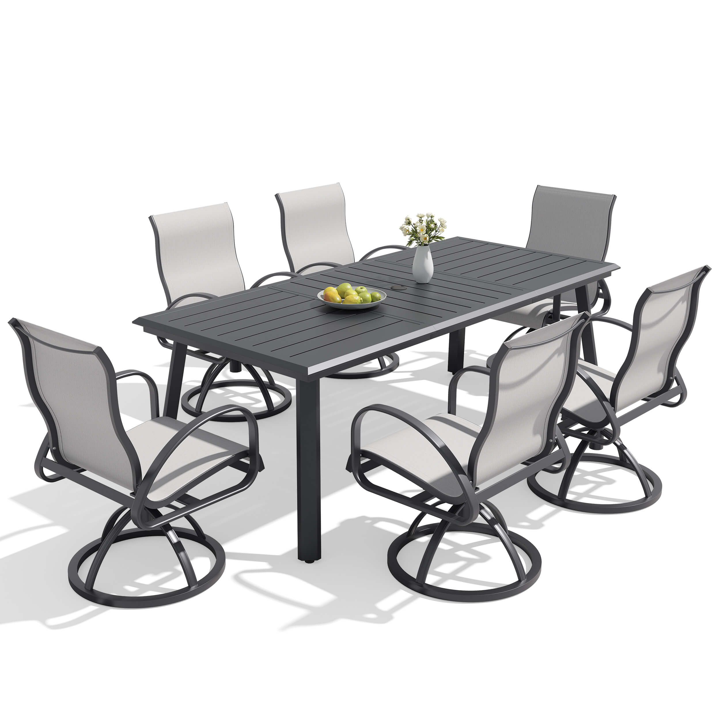 7-piece patio dining set with aluminum expandable table and 6 Sunbrella swivel rockers.