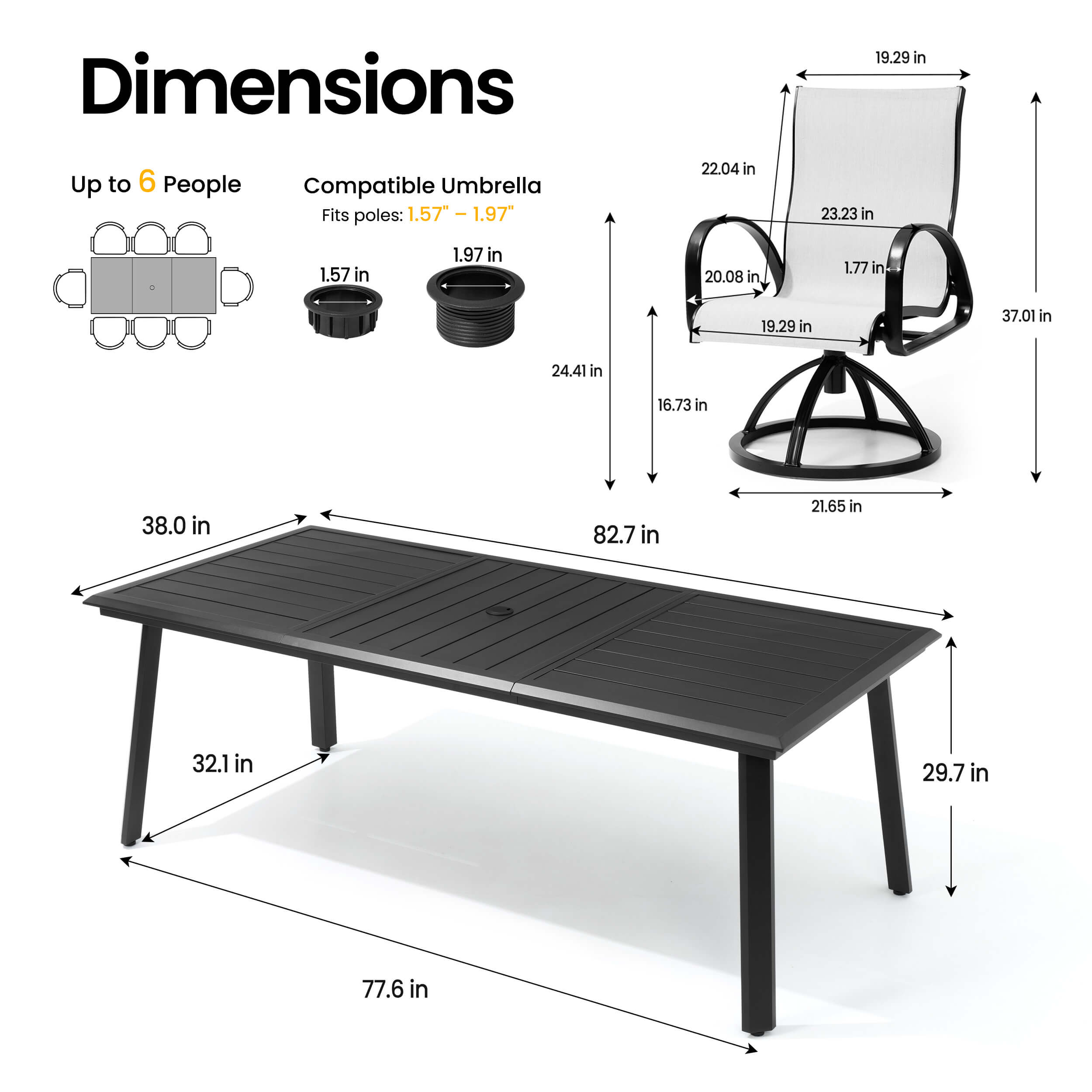 Dimensions of 82.7" patio dining table with umbrella hole and Sunbrella swivel rocker chair.