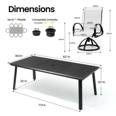 Dimensions of 82.7" patio dining table with umbrella hole and Sunbrella swivel rocker chair.