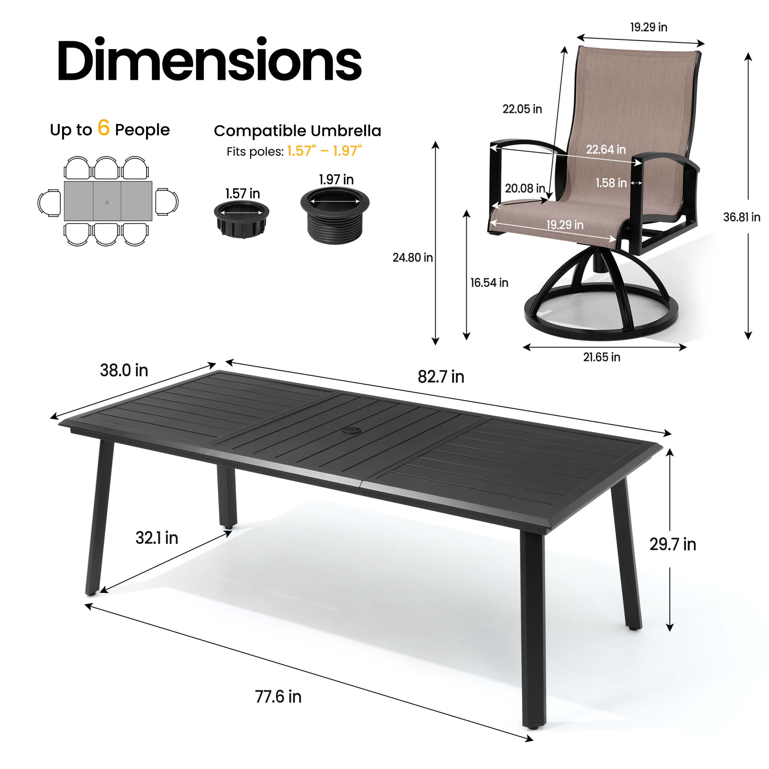 Dimensions of 82.7" patio dining table with umbrella hole and Sunbrella swivel rocker chair.