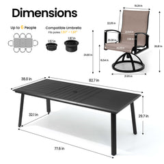 Dimensions of 82.7" patio dining table with umbrella hole and Sunbrella swivel rocker chair.